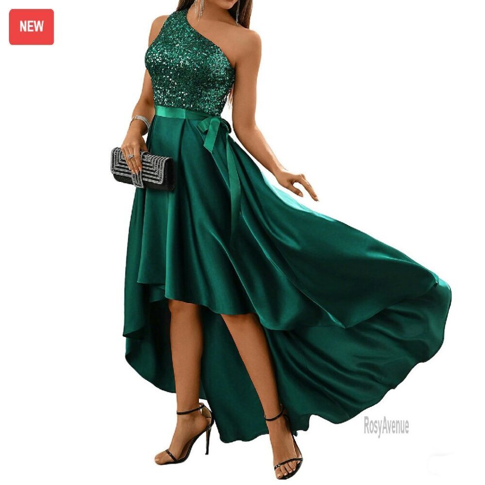 One Shoulder Sequin Satin Formal Dress High Low Hem Sleeveless Prom
